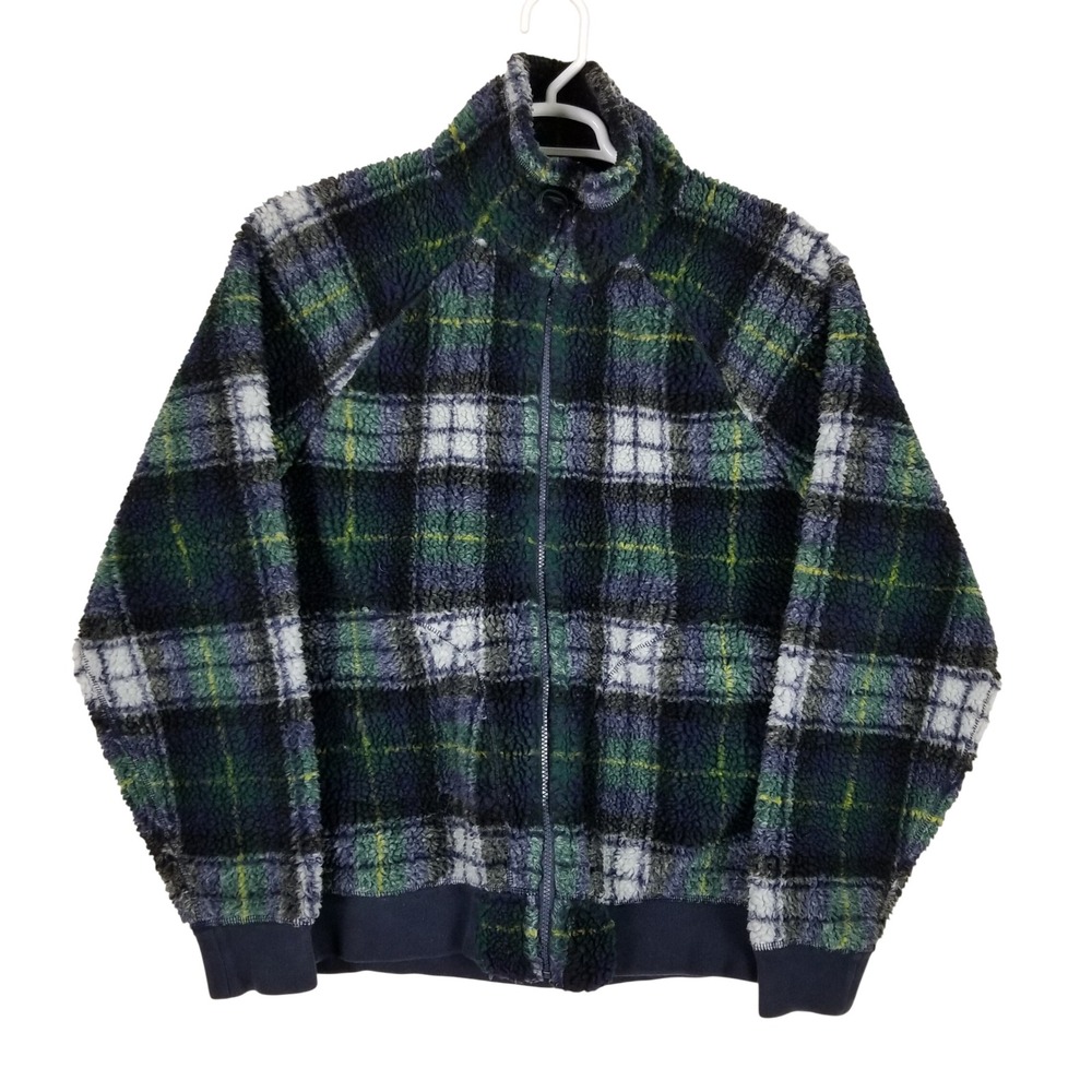 J.Crew Nordic Fleece Jacket Mens Large Green Plaid Sherpa Full Zip Mock Neck